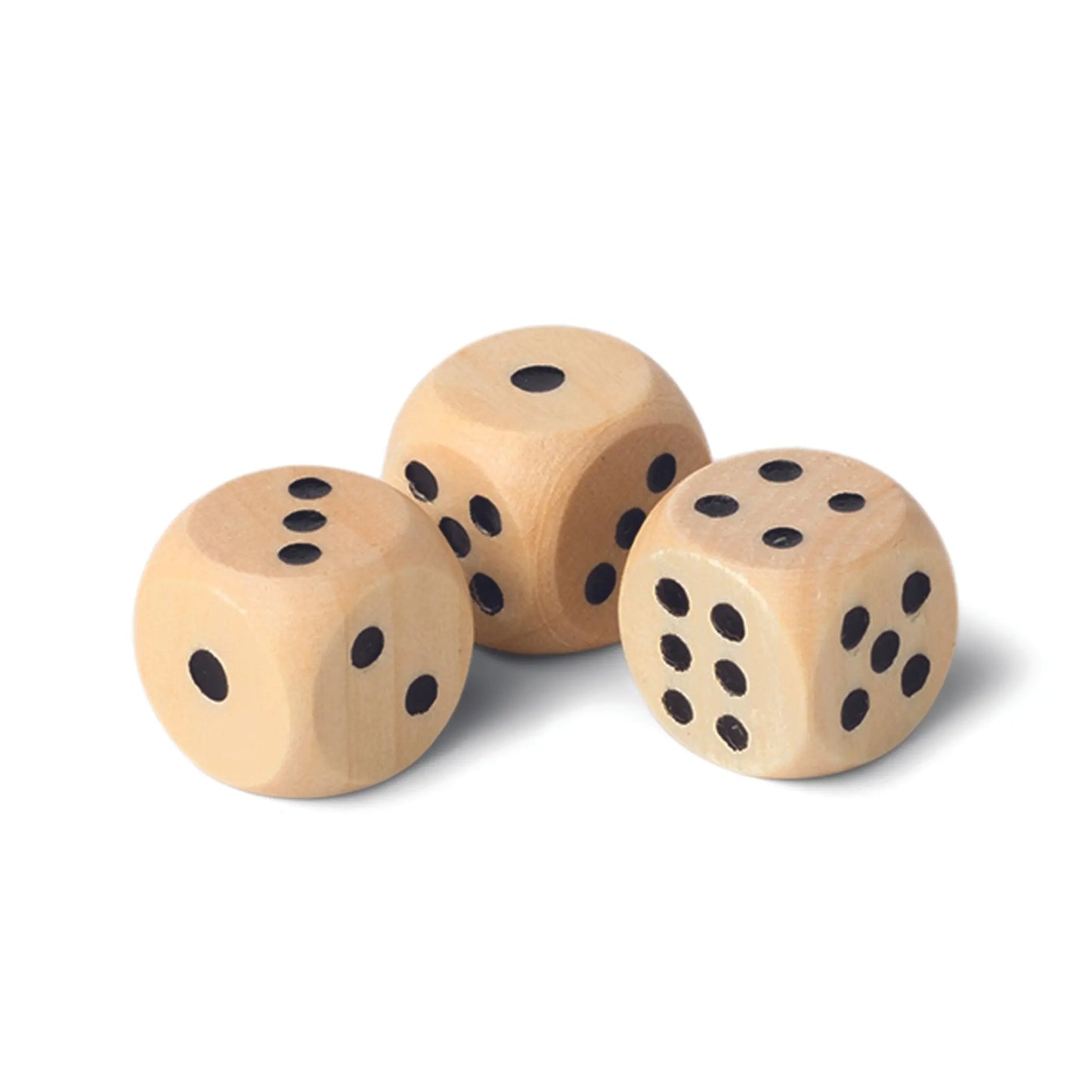 Three wooden dice with black dots are displayed on a white background, ideal for playing classics from the Library of Games - Checkers / Backgammon set.