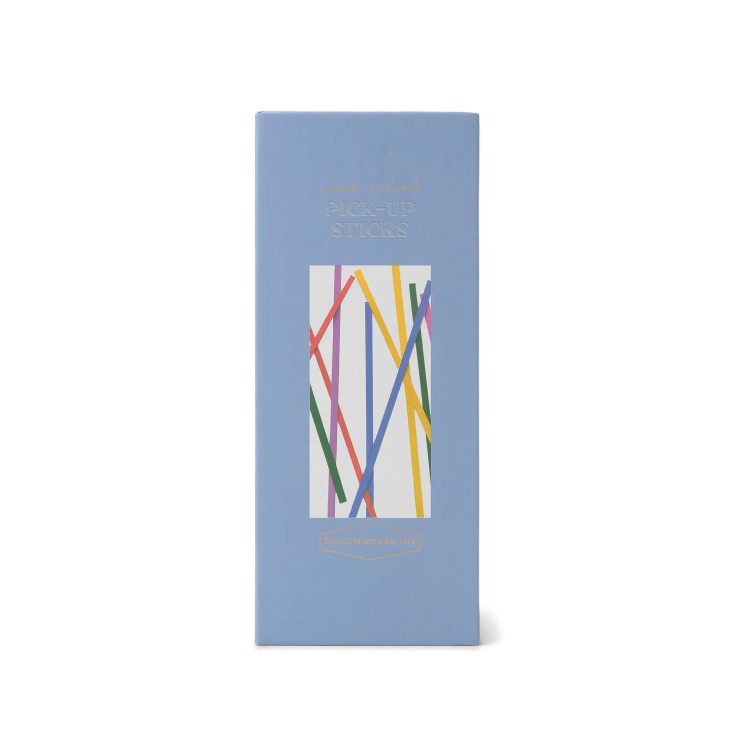 A blue rectangular box labeled Library of Games - Pick Up Sticks features a window revealing colorful red, yellow, green, and blue sticks—a Timeless Classics favorite, perfect for Game Night fun.