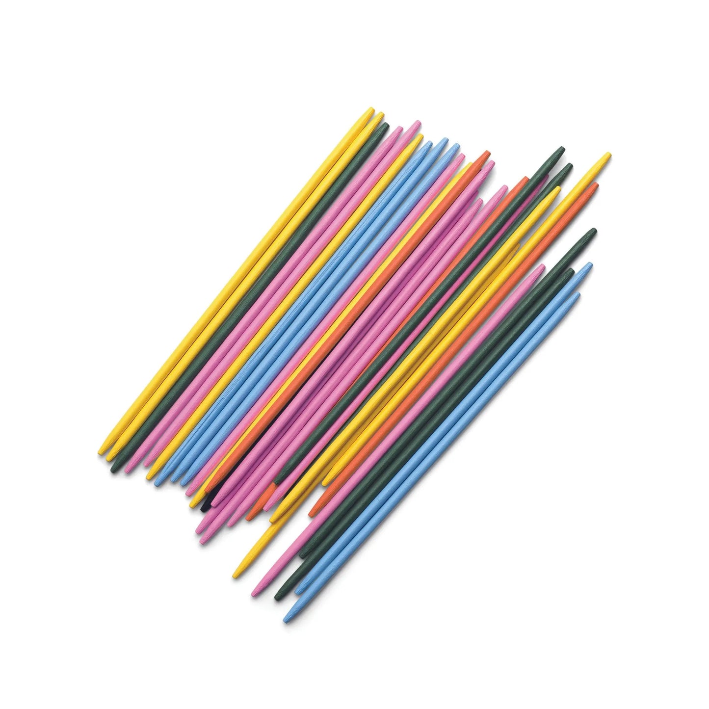 The Library of Games - Pick Up Sticks features a colorful set of yellow, pink, blue, and green wooden sticks, neatly arranged on a white background—a timeless classic ideal for game night.
