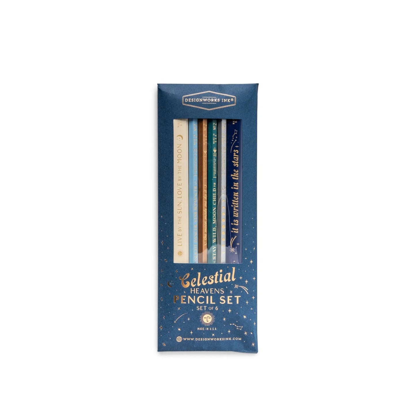 The Celestial Heavens - Pencil Set of 6 features No. 2 graphite pencils in assorted colors, displayed in blue celestial-themed packaging.
