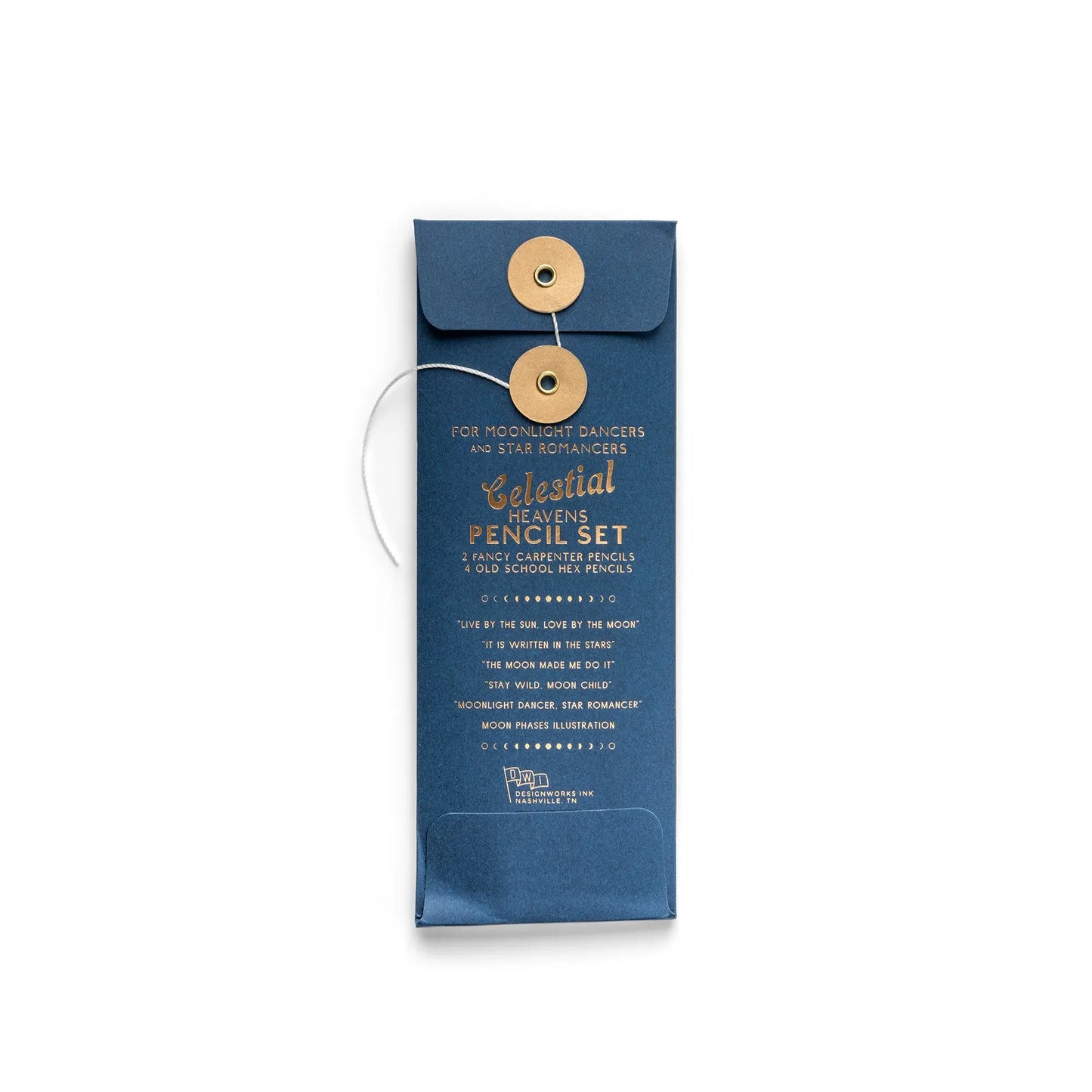 The Celestial Heavens - Pencil Set of 6 comes in a blue envelope-style pouch with string closure, gold and white text on the front, and contains assorted No. 2 graphite pencils.