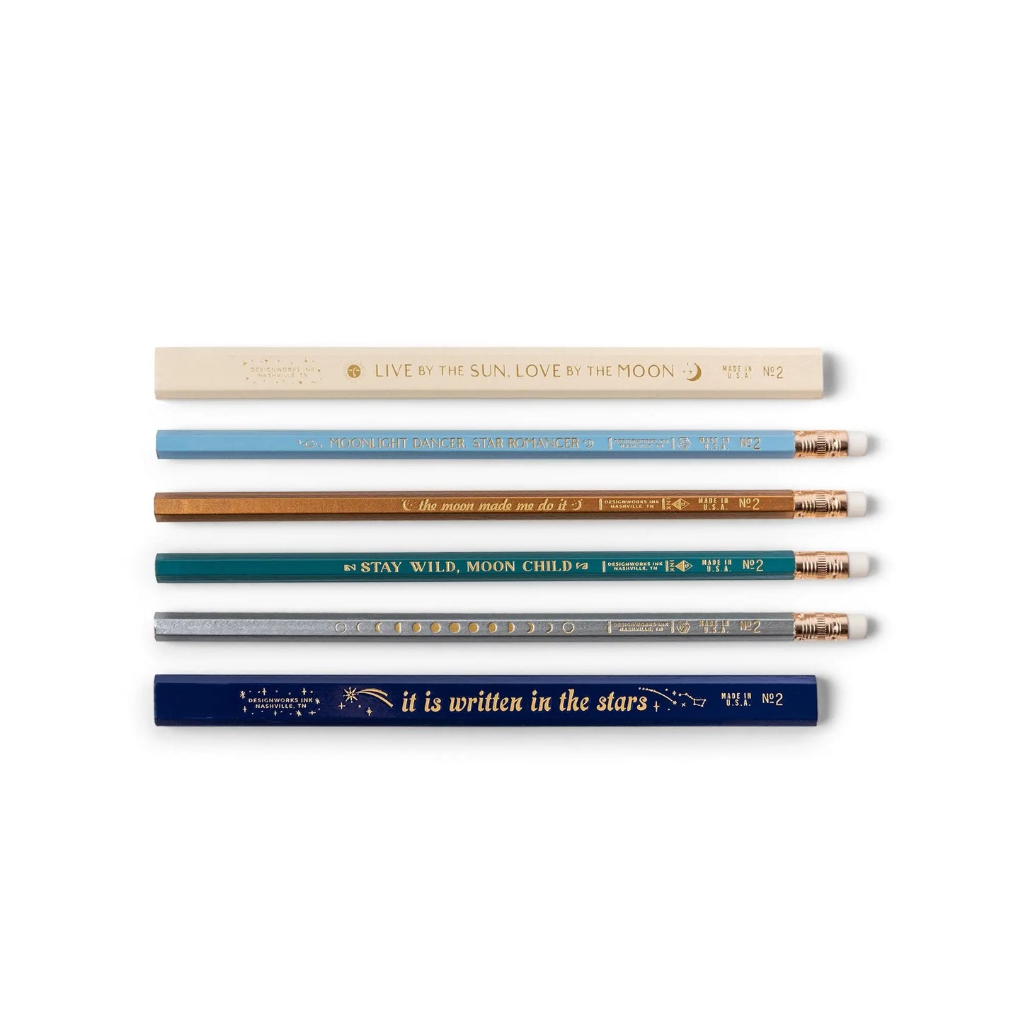 The Celestial Heavens - Pencil Set of 6 features No. 2 graphite pencils in various colors, each printed with a unique inspirational quote—an uplifting, celestial-inspired stationery addition.
