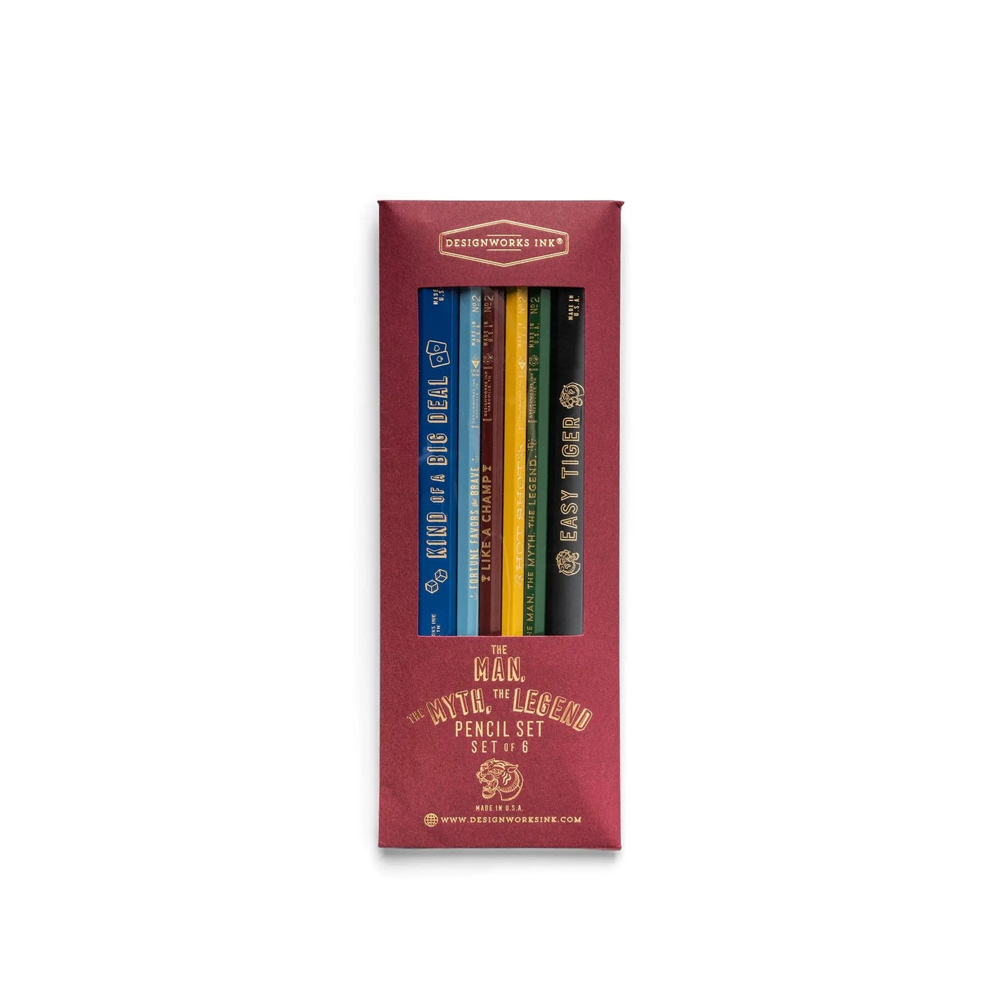 A red box labeled The Man, The Myth, The Legend - Pencil Set of 6 holds six colorful, USA-made graphite wood pencils with motivational phrases, shown from the front.