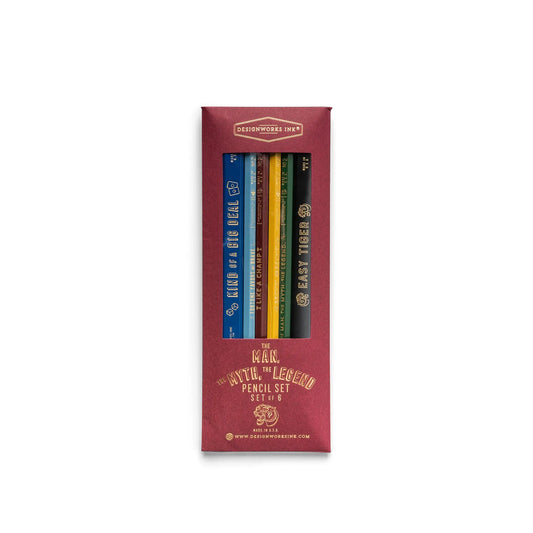 A red box labeled The Man, The Myth, The Legend - Pencil Set of 6 holds six colorful, USA-made graphite wood pencils with motivational phrases, shown from the front.
