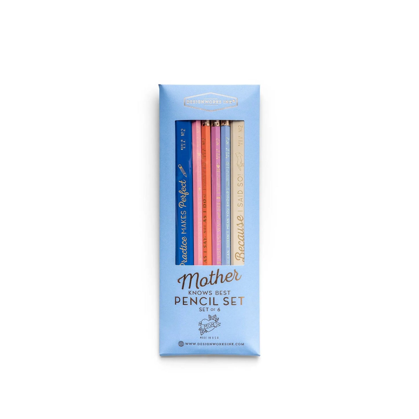 The Mother Knows Best - Pencil Set of 6 includes colored graphite wood pencils in a blue package, each featuring a unique motivational phrase.