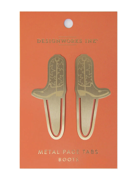 set of two gold colored metal page tabs with cowboy boot design