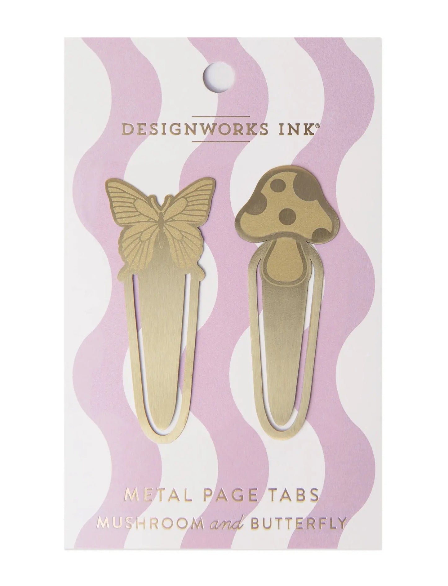 set of two gold colored metal page tabs, one with a butterfly design and one with a mushroom design
