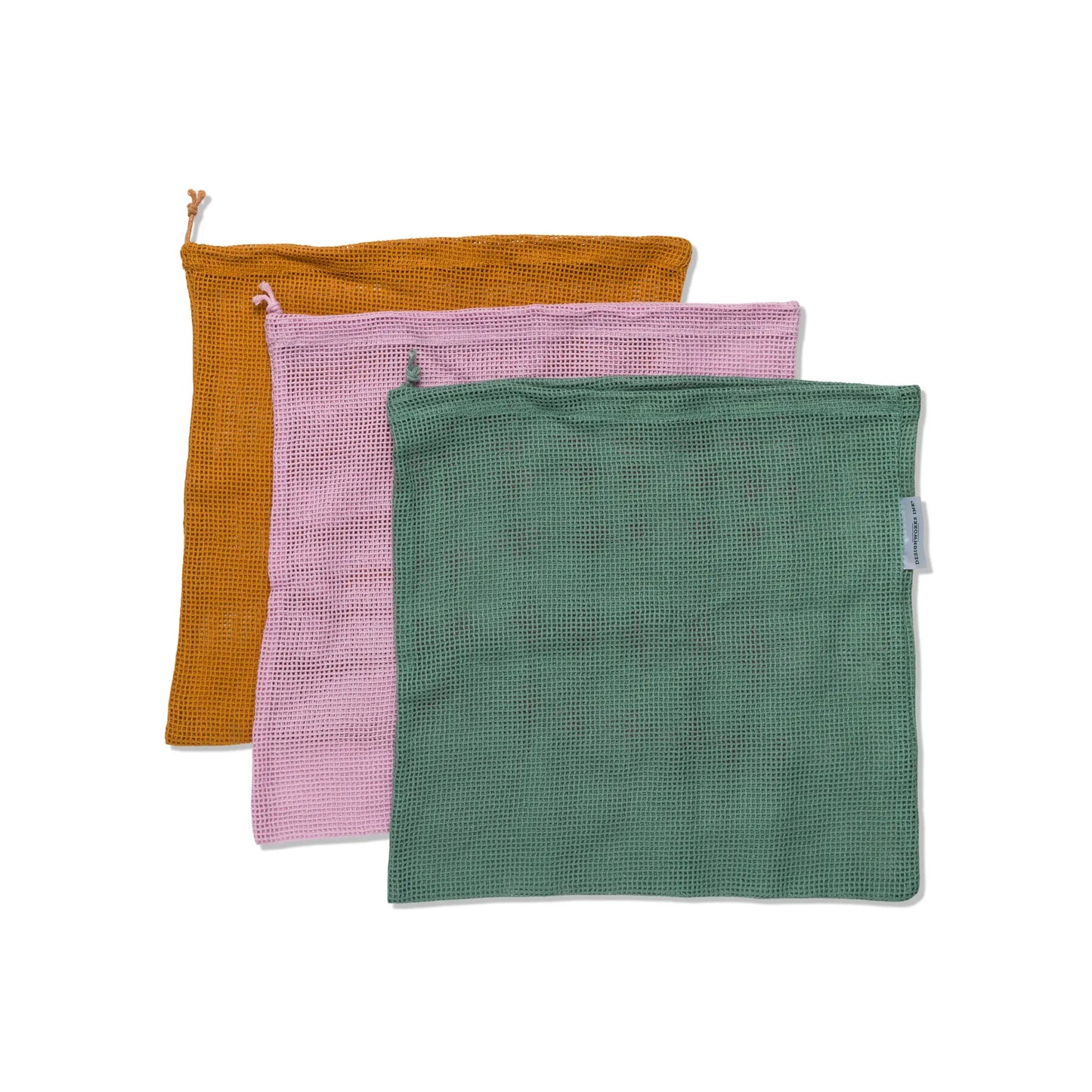 Three Reusable Produce Bags in Rust, Lilac, and Hunter are stacked on a white background. Made from eco-friendly mesh cotton, they provide a sustainable alternative for carrying fruits and vegetables.