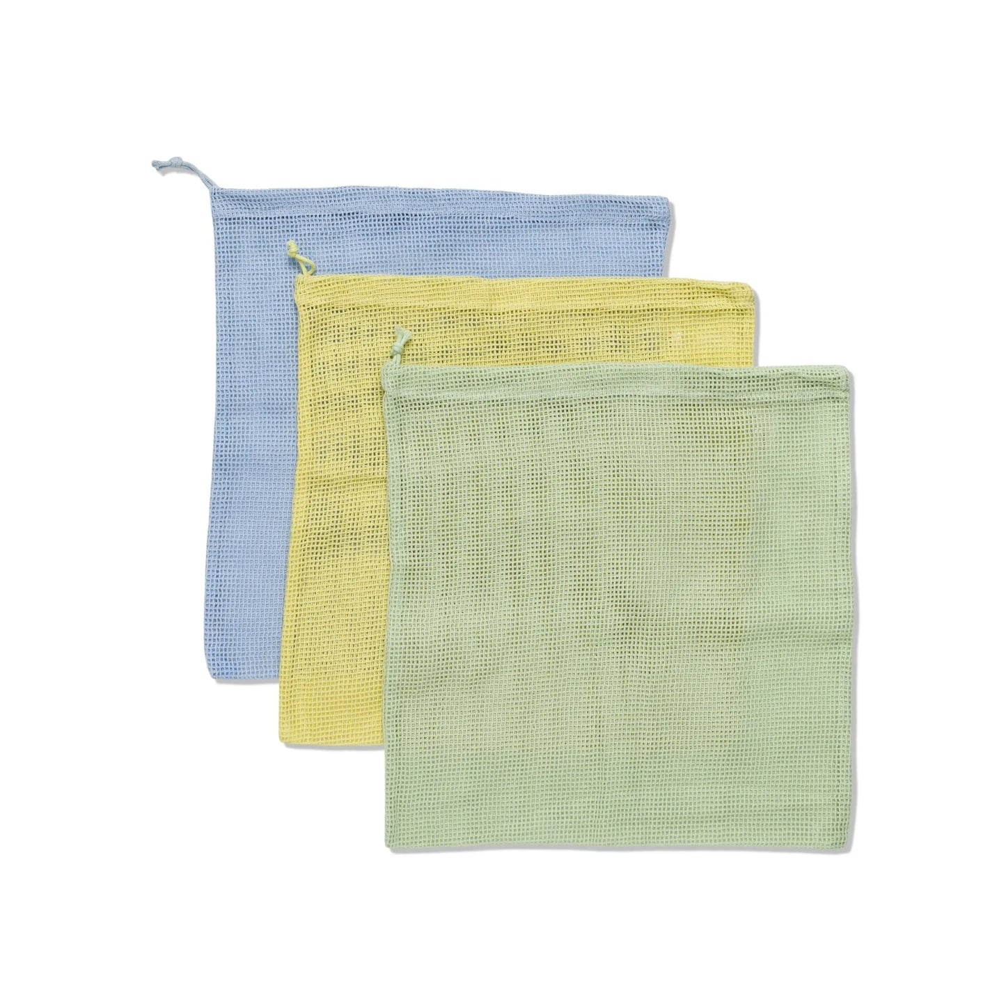Three Reusable Produce Bags in Blue, Citron, and Sage mesh cotton, each with a drawstring closure, are laid flat and partially overlapping on a white background.