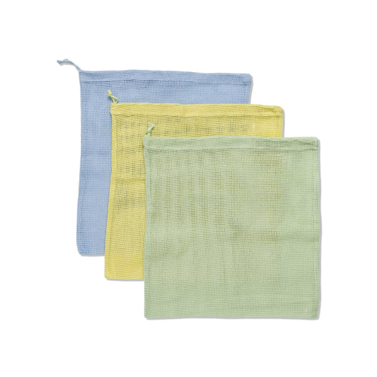 Three Reusable Produce Bags in Blue, Citron, and Sage mesh cotton, each with a drawstring closure, are laid flat and partially overlapping on a white background.