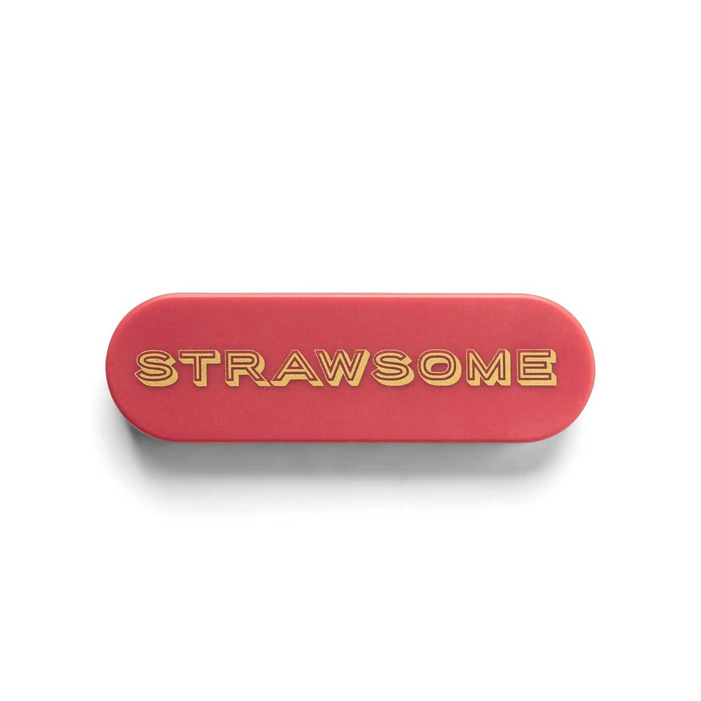 The Strawsome Portable Straw comes in a red, oval eco storage case with STRAWSOME embossed in gold on the lid, ideal for holding reusable stainless steel straws and displayed on a white background.