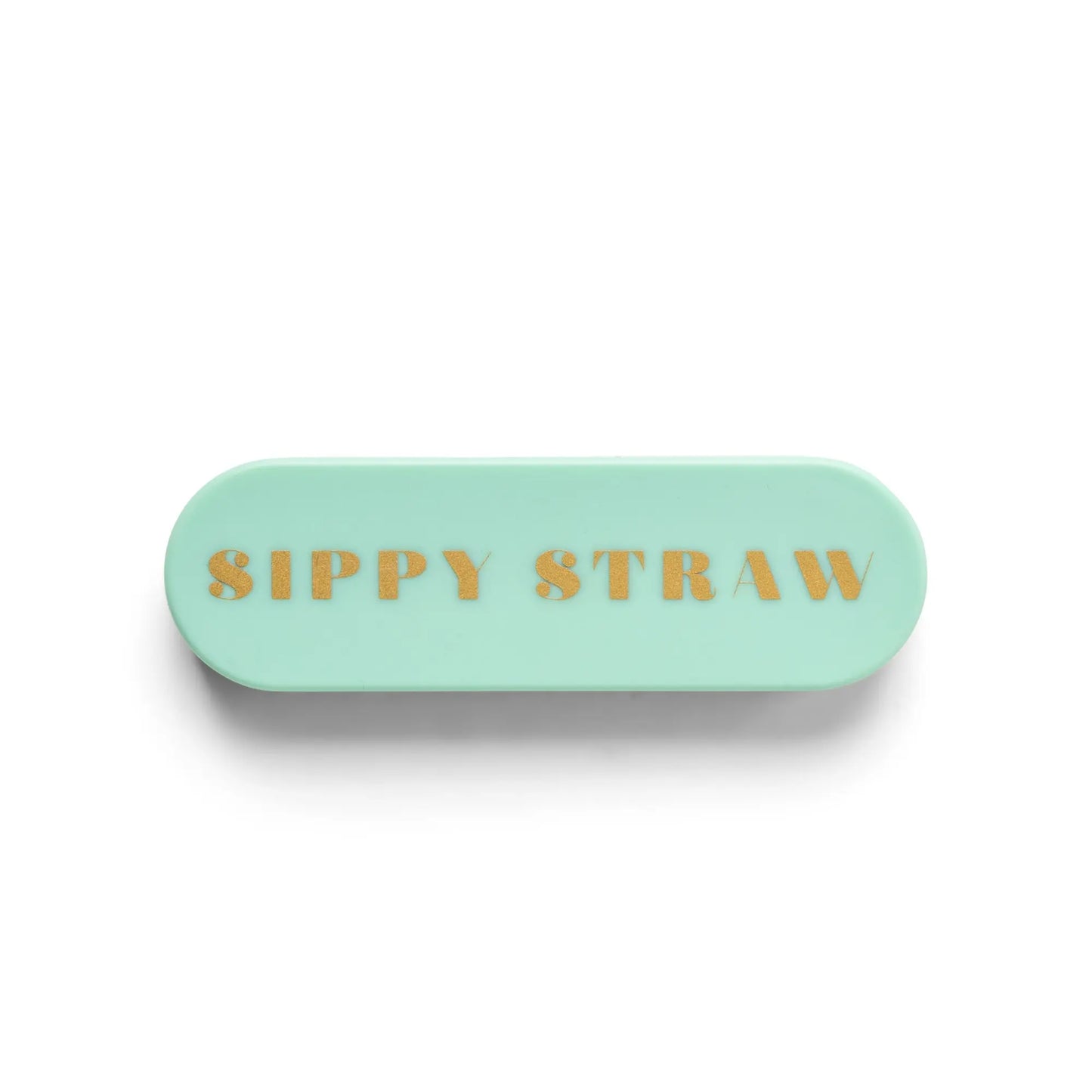 The Portable Straw - Sippy Straw is a mint green oval eco storage case with SIPPY STRAW in gold on top, ideal for carrying reusable stainless steel straws.