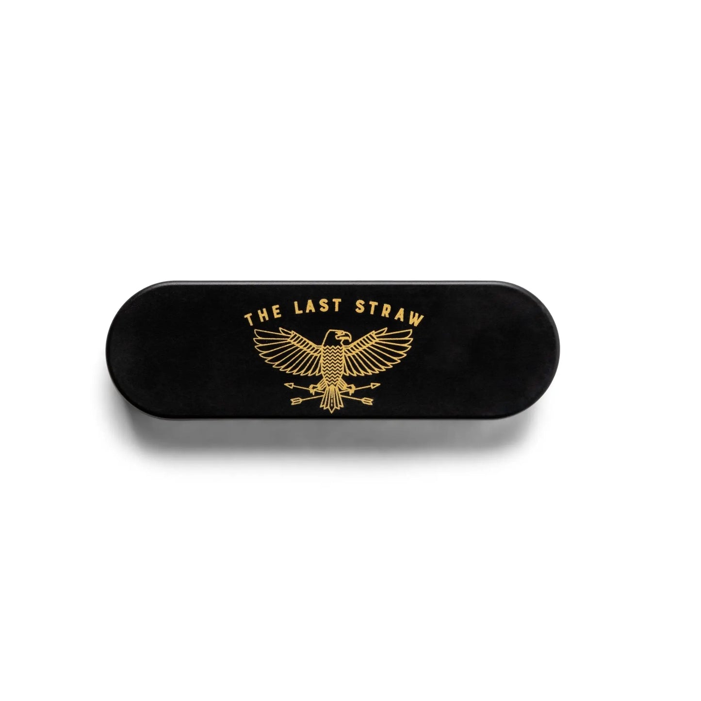The Portable Straw - The Last Straw is a black rectangular eco case with rounded edges, featuring a gold eagle and THE LAST STRAW text—ideal for carrying reusable stainless steel straws.