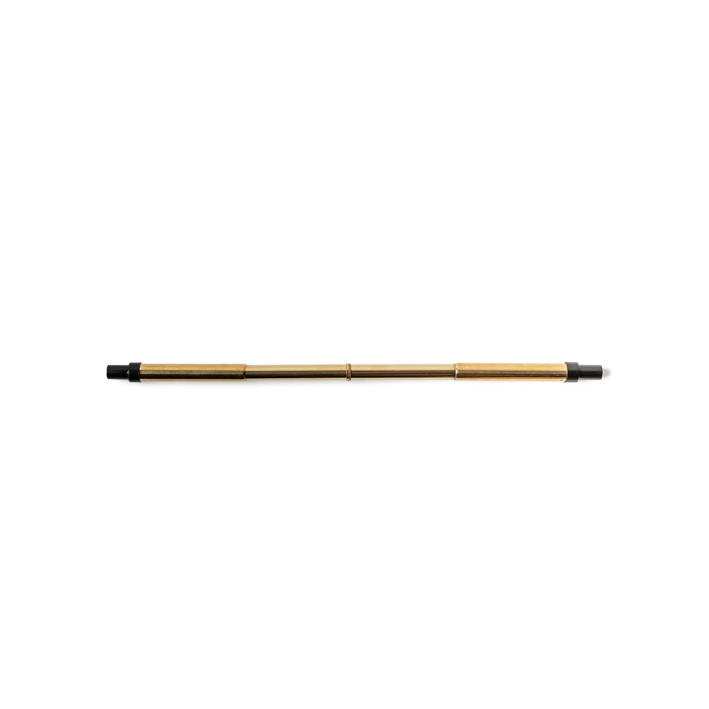 The Last Straw: a brass telescopic rod with black end caps, fully extended and horizontal on a white background—ideal for pairing with reusable stainless steel straws or storing in an eco-friendly case.