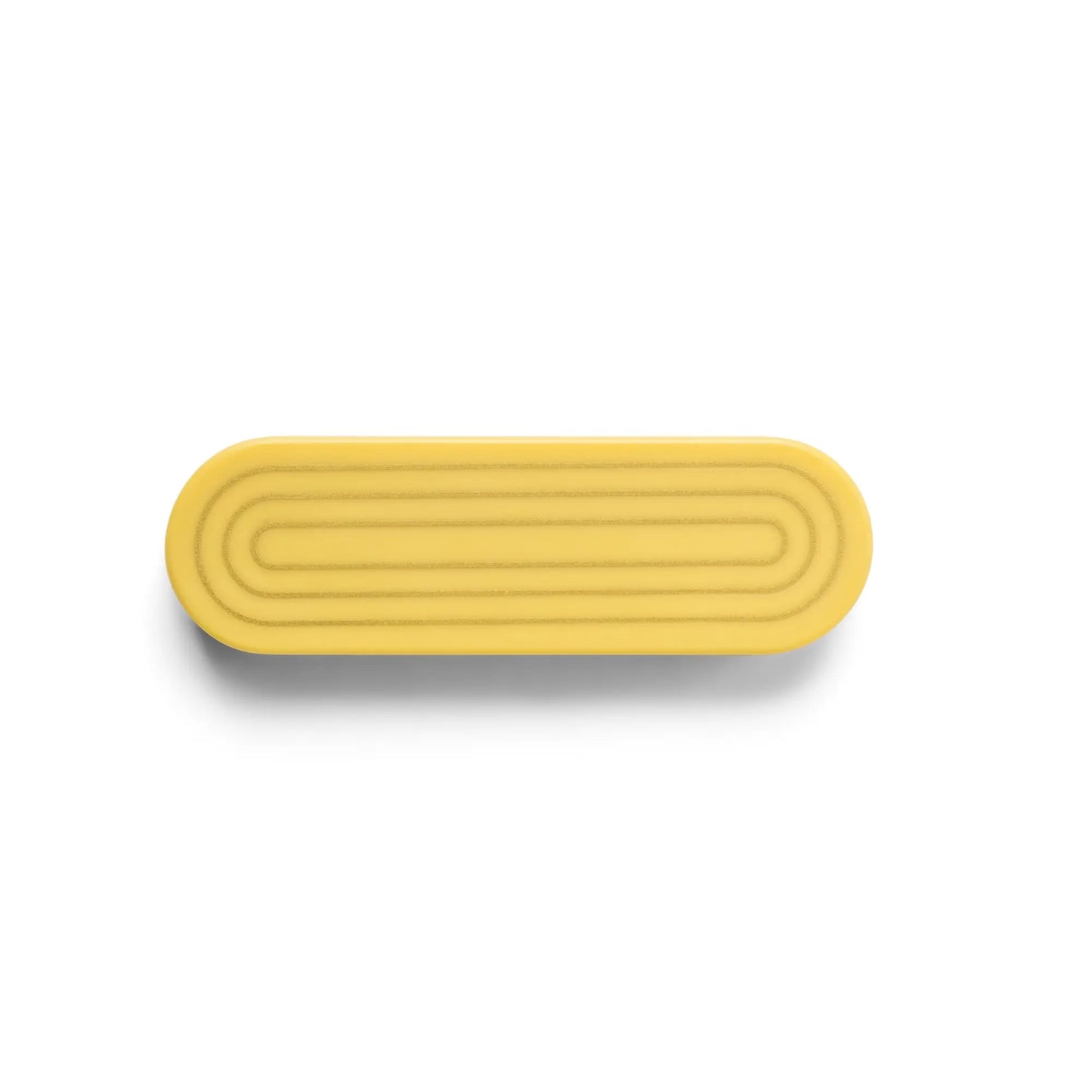 The Portable Straw - Radiant Ovals is a yellow, oval-shaped eco storage case with rounded edges and raised concentric lines, shown on a white background.