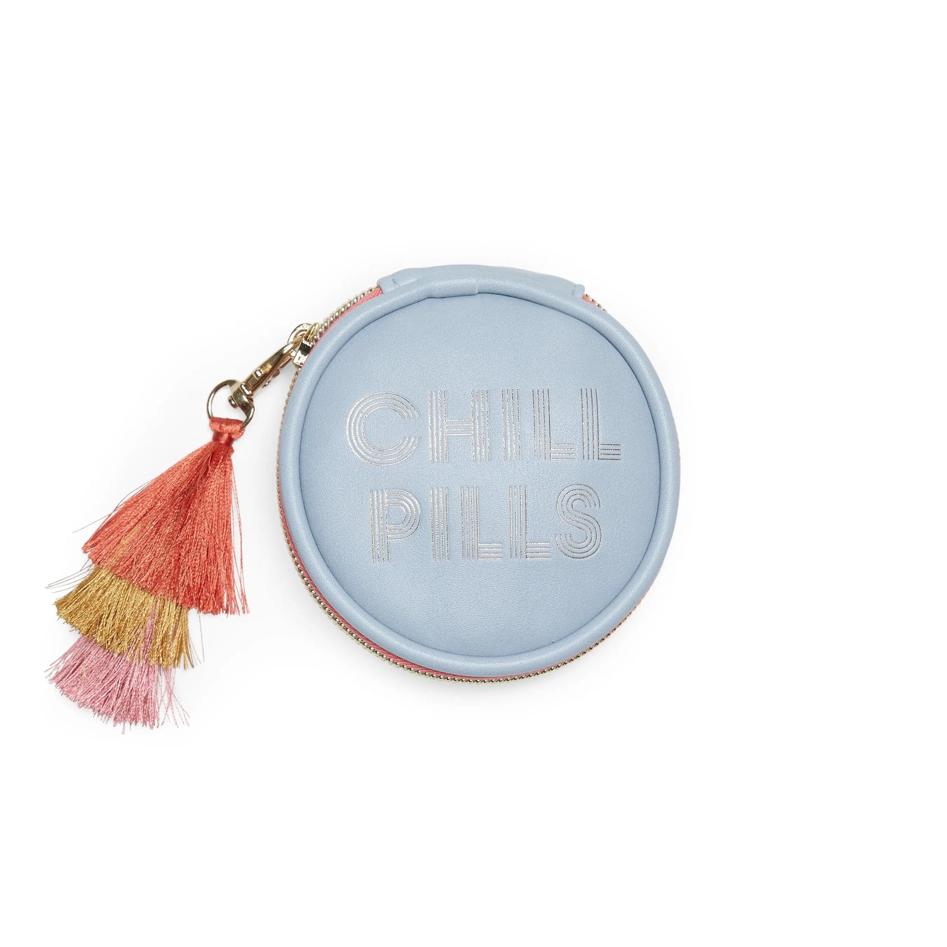 The Vegan Leather Travel Pill Case with Tassel - Chill Pills by Designworks Ink features a light blue zippered pouch, gold, pink, and red tassel keychain, and is perfect as a compact travel pill case.