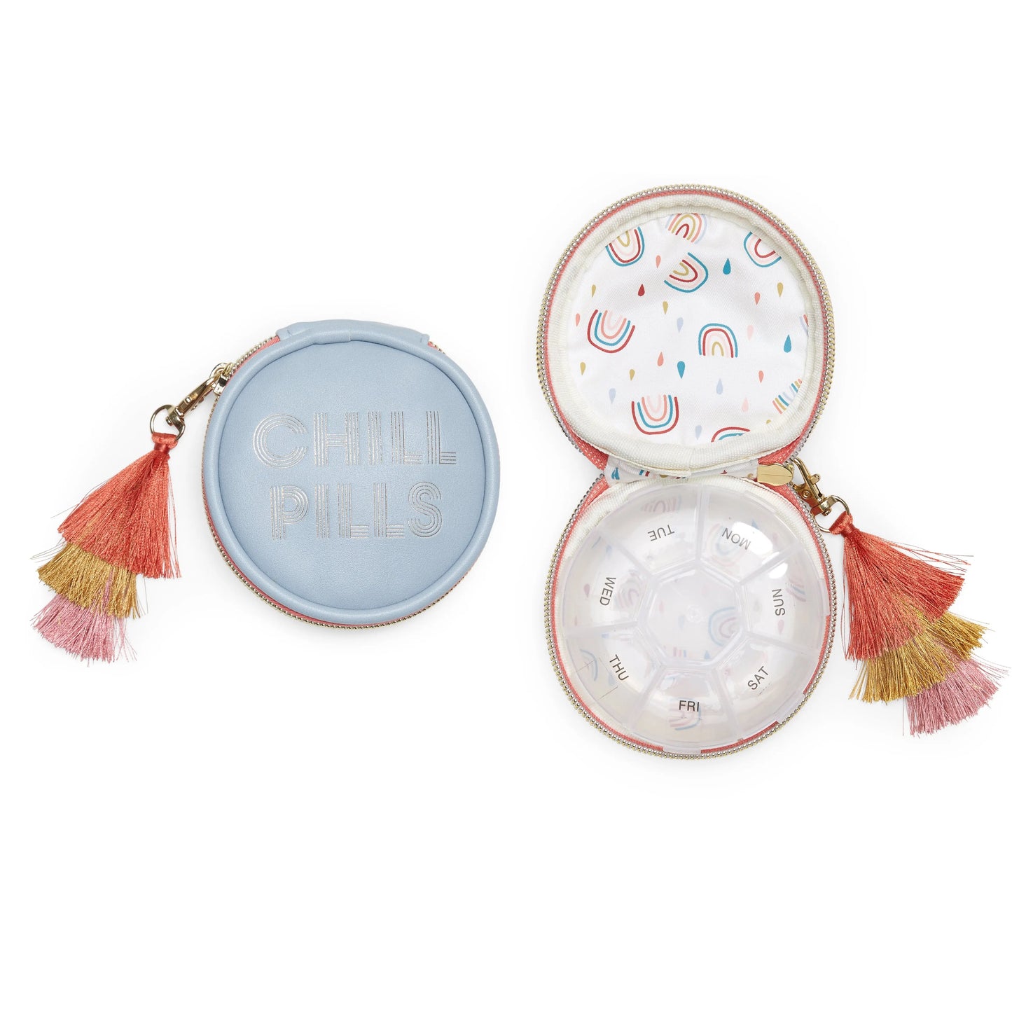 The Vegan Leather Travel Pill Case with Tassel - Chill Pills by Designwork Ink is a round blue organizer featuring a rainbow-lined interior, labeled Chill Pills, and includes a weekly pill organizer.
