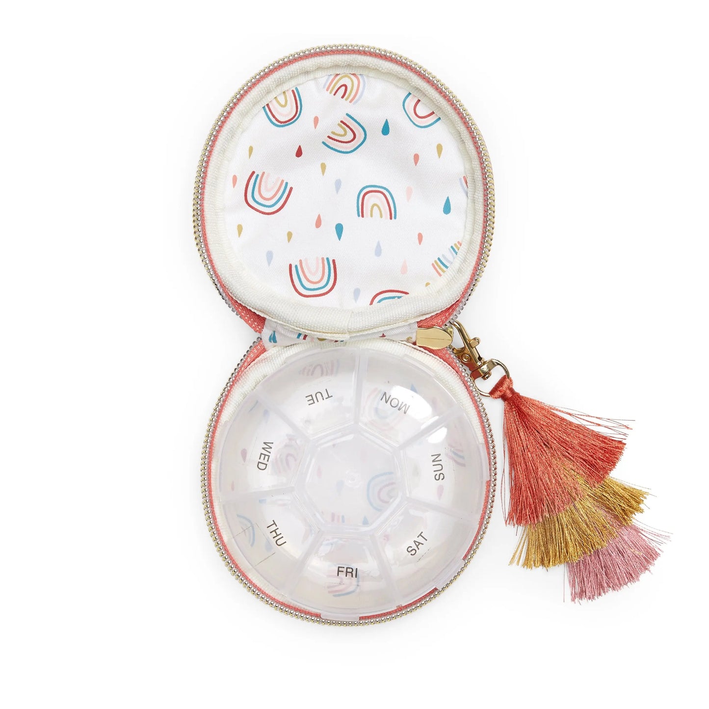 The Vegan Leather Travel Pill Case with Tassel - Chill Pills by Designwork Ink features day-labeled compartments in a patterned zippered case, crafted from luxe vegan leather with a tassel zipper pull.