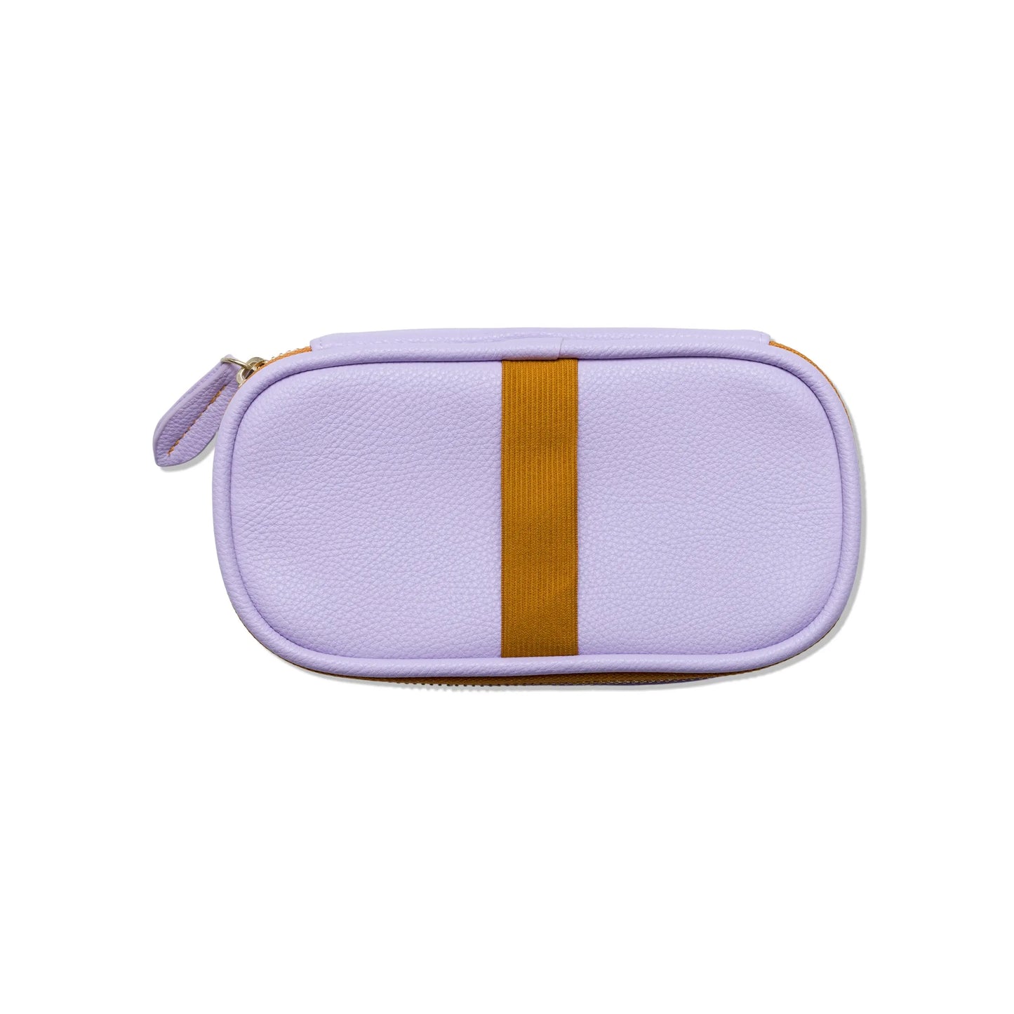 The Office On The Go - Lilac + Copper is a small rectangular zippered pouch in lilac vegan leather with a central copper stripe, displayed against a white background.