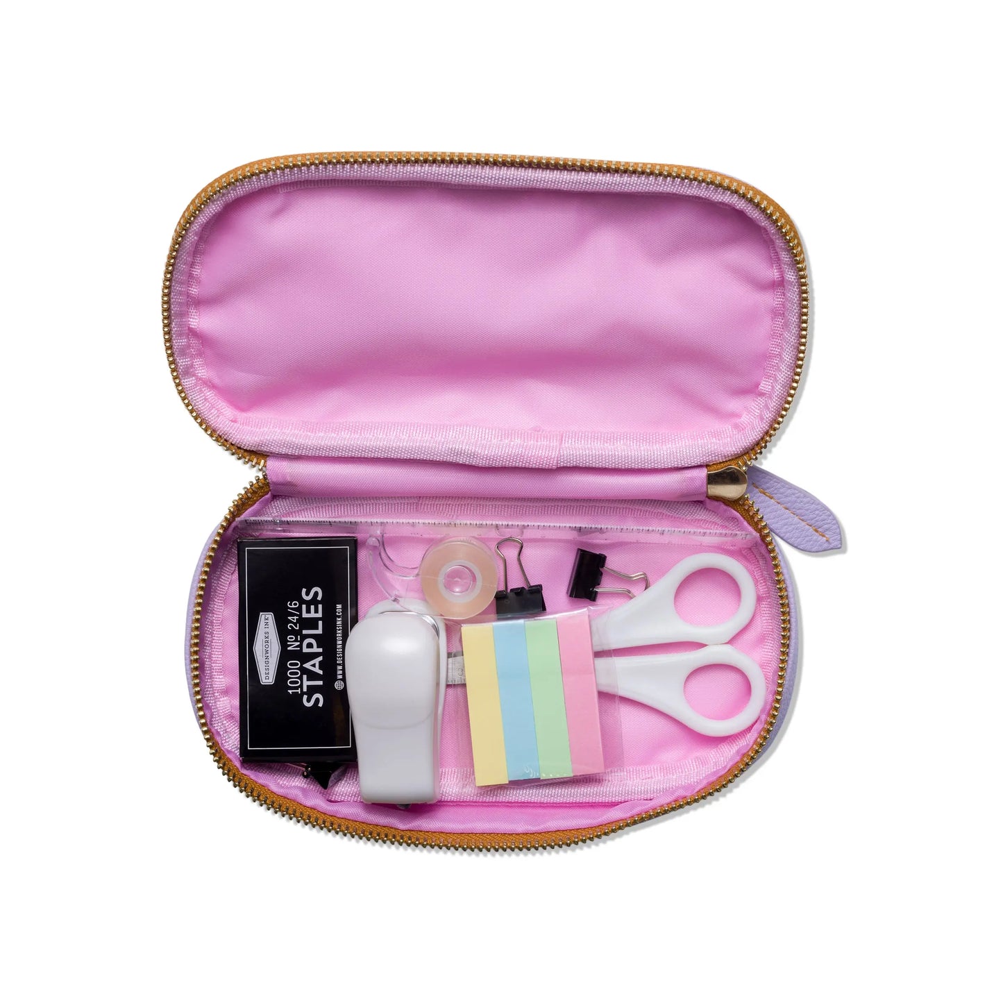 The Office On The Go - Lilac + Copper is a chic lilac vegan leather pouch with a zipper, holding scissors, sticky notes, binder clips, tape, stapler, and staples—secured by an elastic band for stylish organization anywhere.