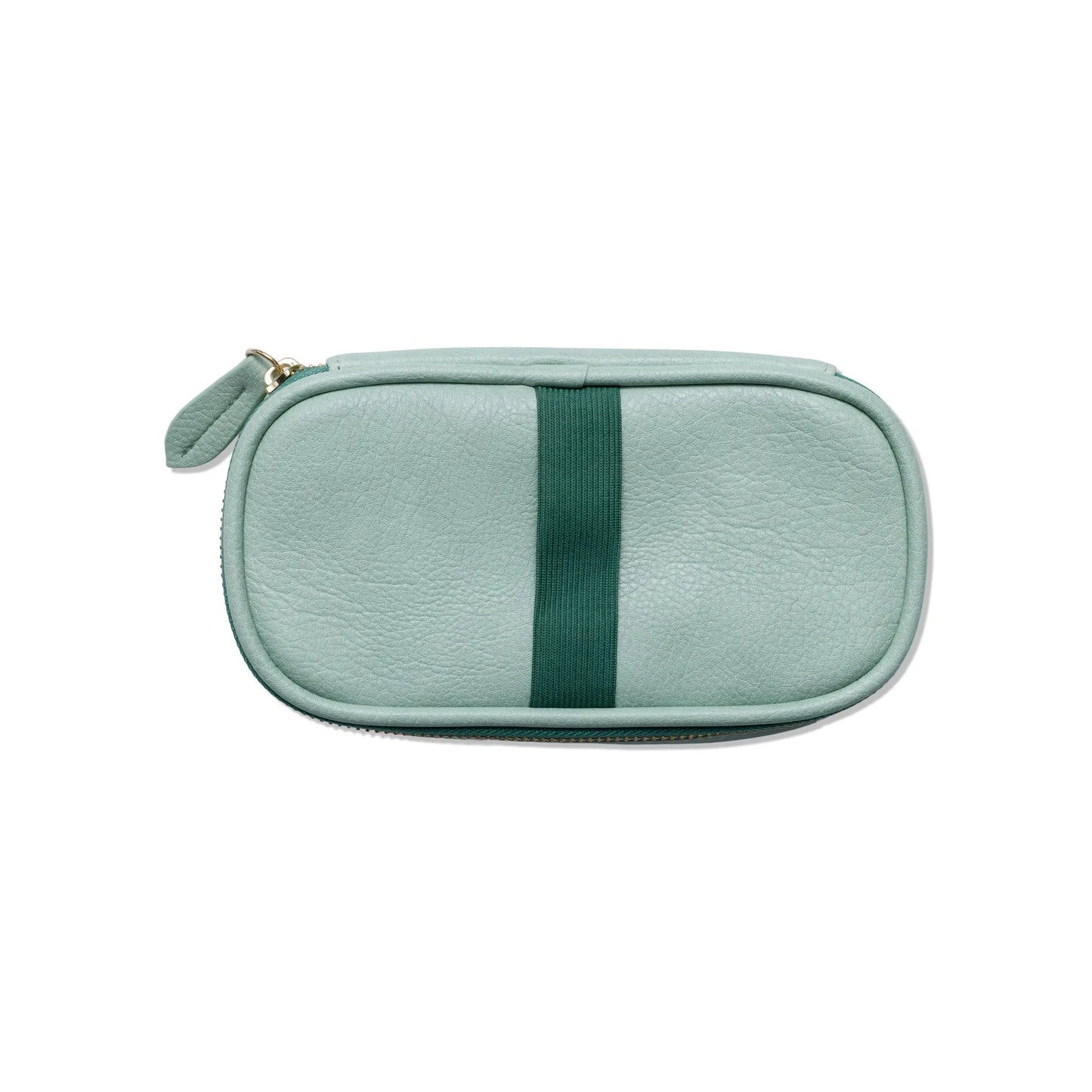 The Office On The Go - Matcha + Forest is a small, rectangular mint green vegan leather zip pouch with a dark green center stripe—ideal as a portable office kit, shown on a white background.