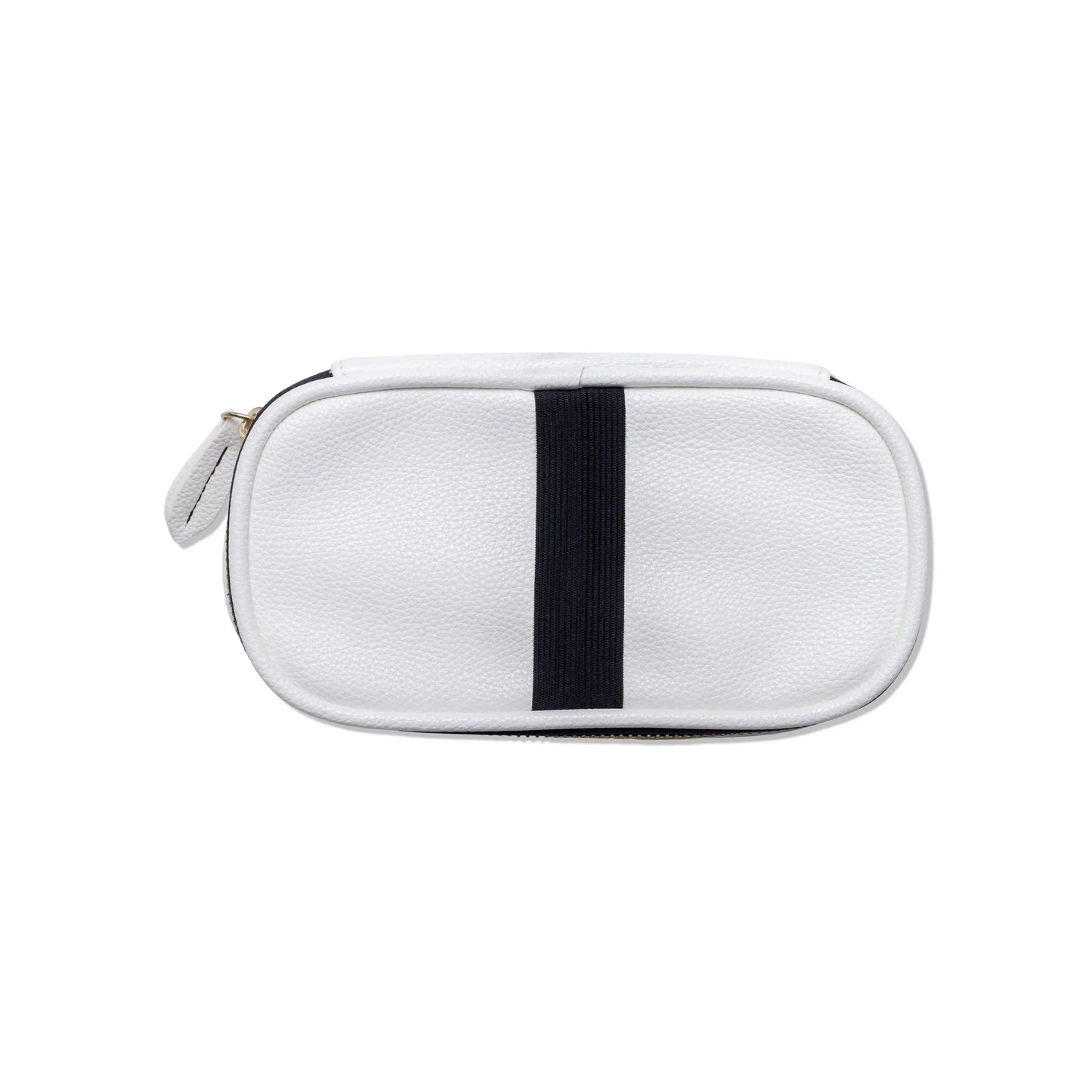 The Office On The Go - Ivory + Coal is a white rectangular vegan leather kit pouch with a zipper and a central black stripe, shown on a plain white background. Perfect for stylish organization as a portable office set.