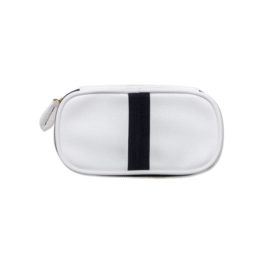 The Office On The Go - Ivory + Coal is a white rectangular vegan leather kit pouch with a zipper and a central black stripe, shown on a plain white background. Perfect for stylish organization as a portable office set.