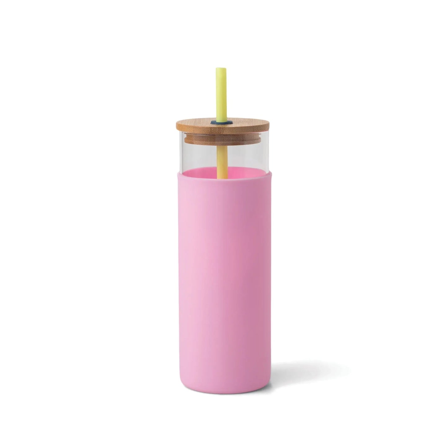 The Tumbler With Straw - Citron/Pink features a clear body, pink silicone sleeve, bamboo lid, and yellow straw, displayed elegantly against a white background.