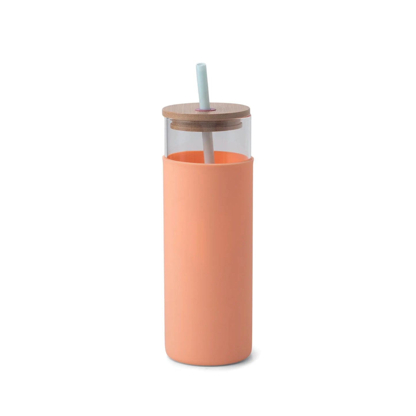The Tumbler With Straw - Mint/Peach features a tall glass design with a peach silicone sleeve, bamboo lid, and blue straw from our Colorblock Tumblers collection, shown against a plain white background.