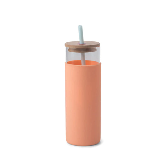 The Tumbler With Straw - Mint/Peach features a tall glass design with a peach silicone sleeve, bamboo lid, and blue straw from our Colorblock Tumblers collection, shown against a plain white background.