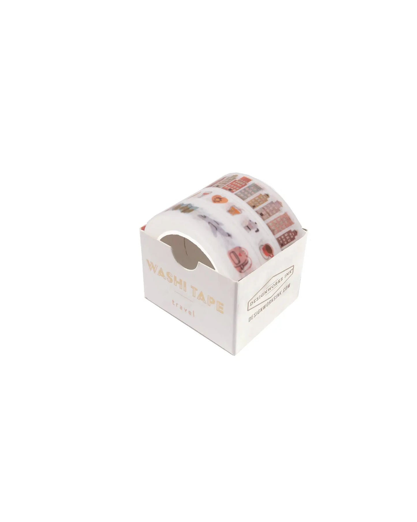set of three washi tapes features a roll of transport print, playful food & beverage, and architectural design