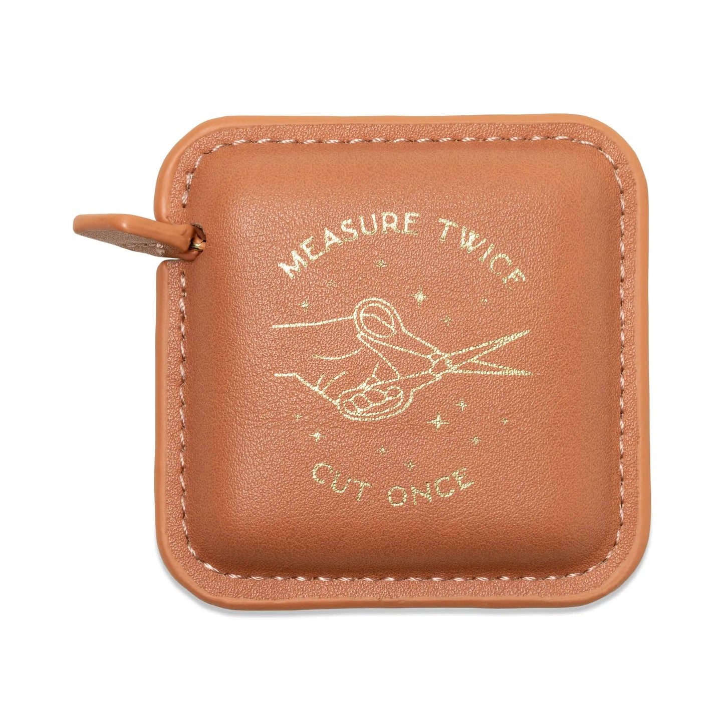 Pocket Tape Measure - Measure Twice pink case with hand and scissors embossed