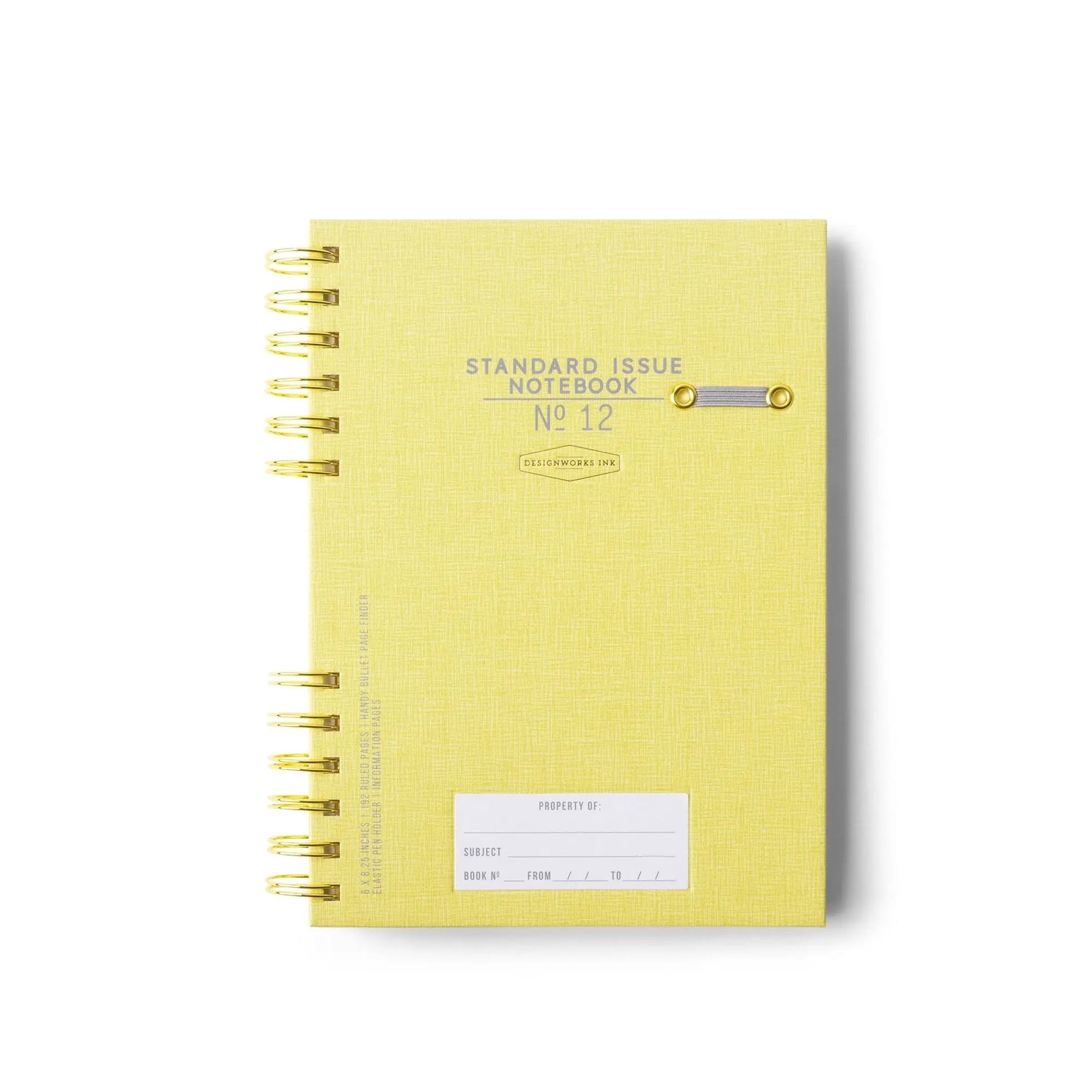 The Standard Issue Notebook No.12 - Ochre is a spiral-bound notebook with sturdy construction and a white label on the front cover for the subject and book number.