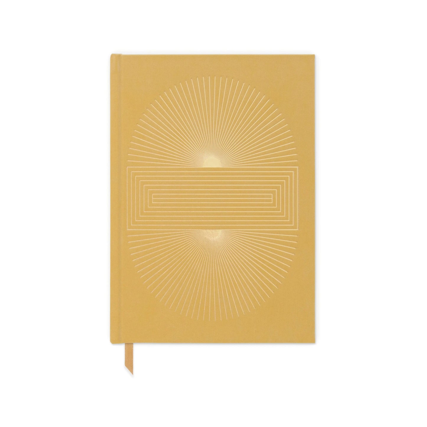 A mustard yellow hard cover suede cloth journal called Radiant Suns Block, featuring a gold geometric design, a pocket, and a matching ribbon bookmark.