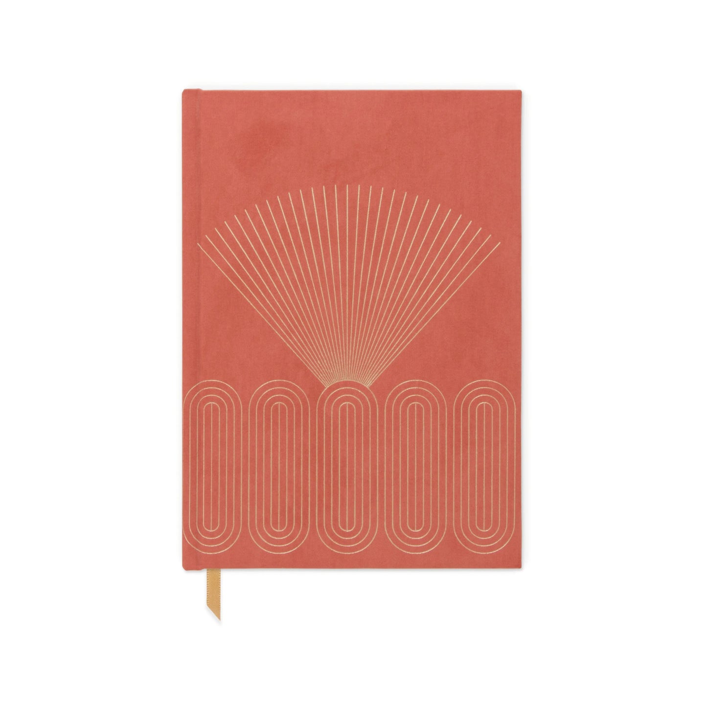 The Hard Cover Suede Cloth Journal with Pocket - Radiant Rays features a coral cover with a gold geometric design, lined pages, a ribbon bookmark, and is displayed on a white background.