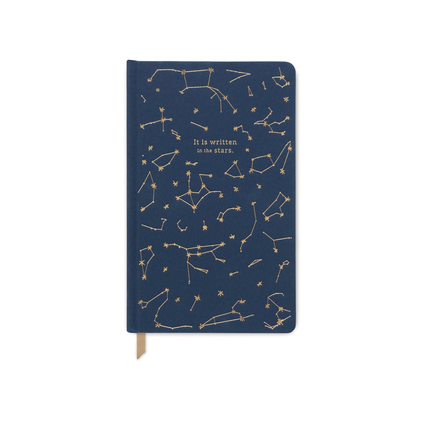 The Cloth Journal - Navy Constellations It Is Written In The Stars features lined pages, lay-flat binding, a gold ribbon bookmark, and a navy cover with gold constellation patterns and the phrase on the front.