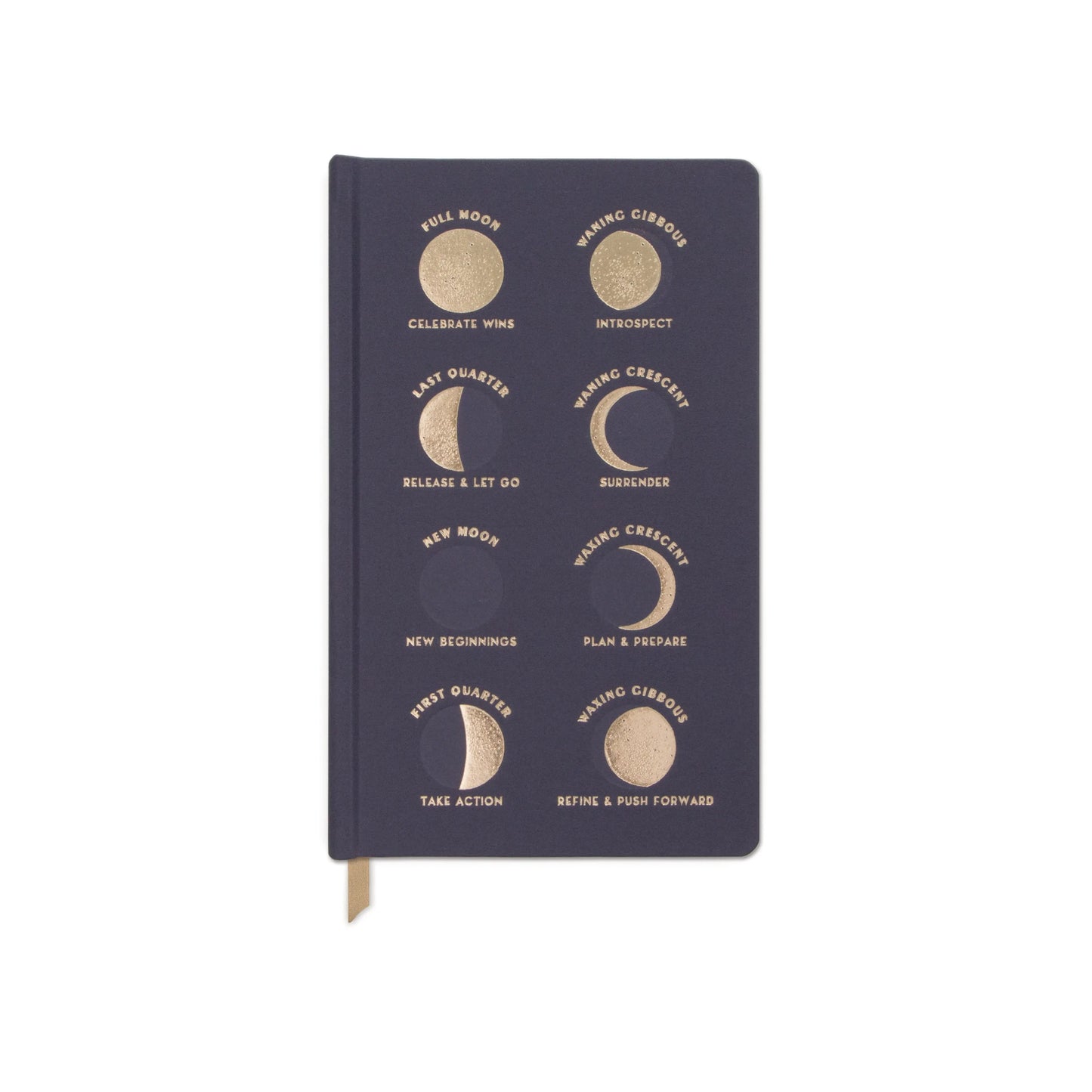 The Cloth Journal - Moon Phases features a navy blue cover with gold moon phases and motivational phrases, lay-flat binding, and lined pages for easy writing.