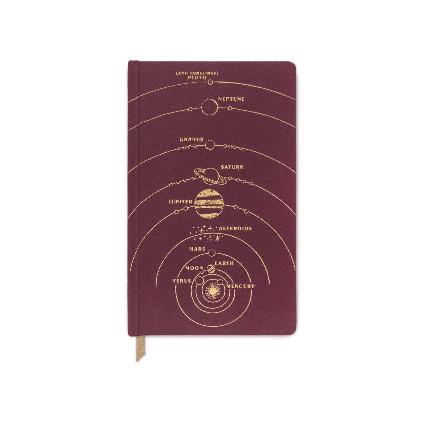 The Cloth Journal - Solar System features a burgundy cover with gold solar system line art, from Mercury to Neptune (plus Pluto and asteroids), and includes acid-free paper and lay-flat binding for easy writing.