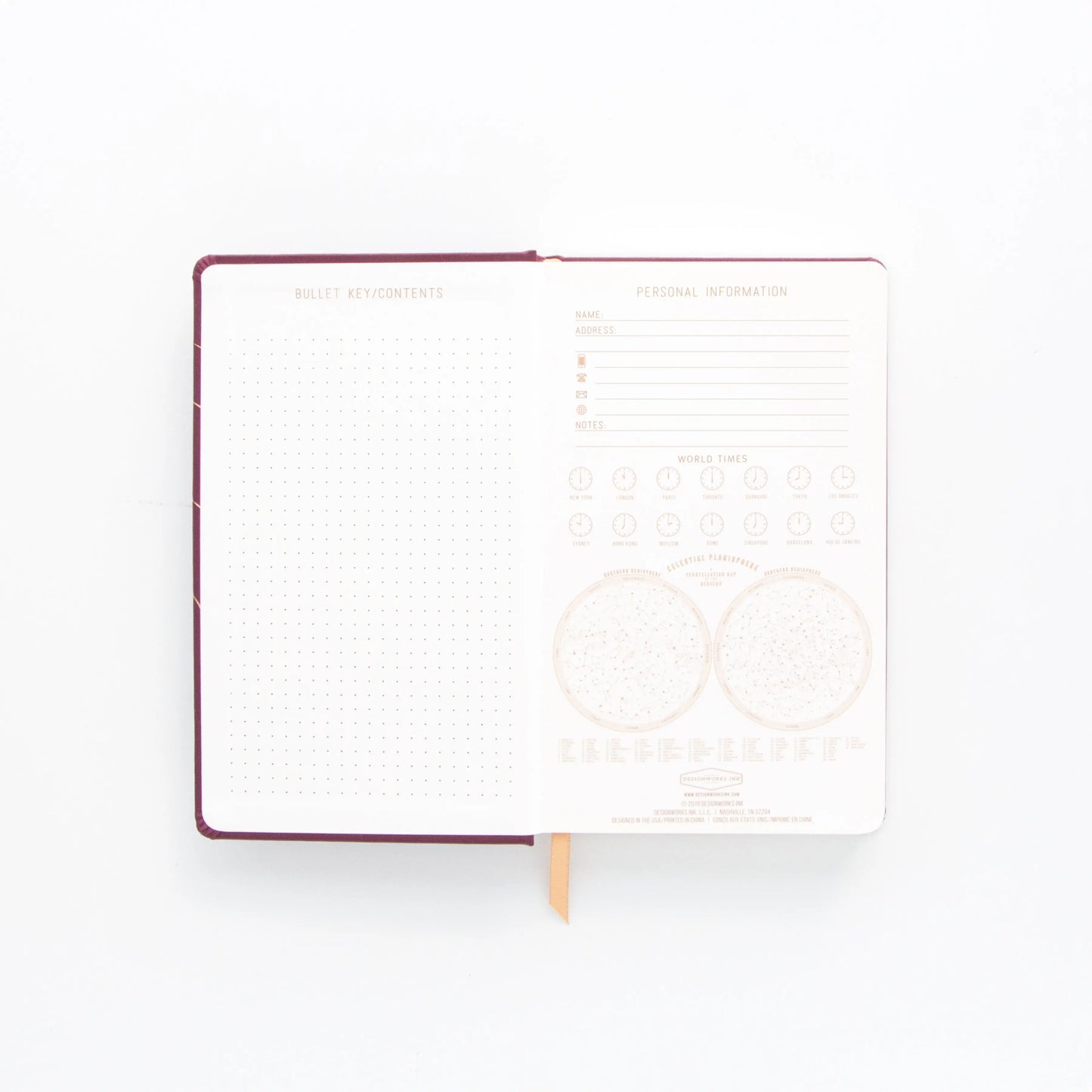 The Cloth Journal - Solar System features acid-free paper, a dotted left page, and a right page for personal info, world times, and minimalist design on a white background.