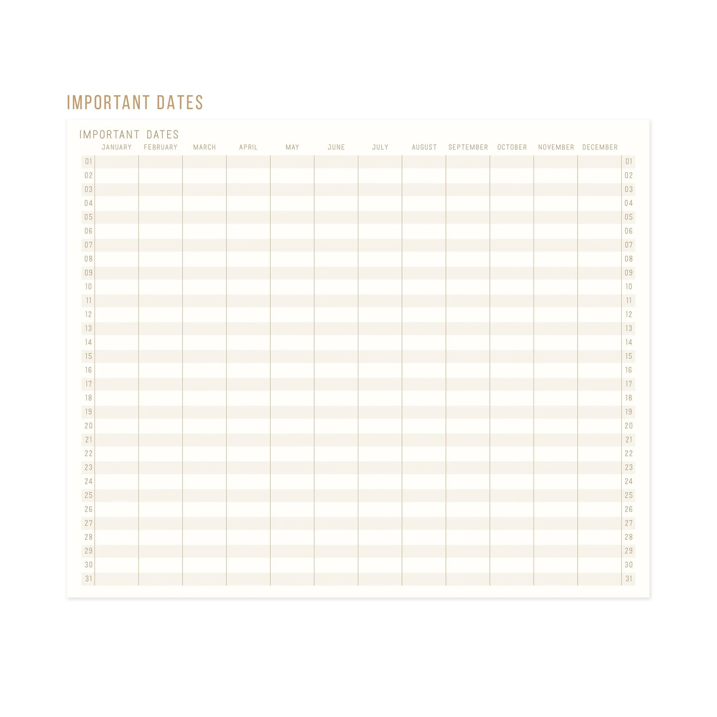The Cloth Journal - Solar System features a blank important dates chart in journal style, with a grid of months (January–December) across the top and days (1–31) down the side, all printed on acid-free paper.