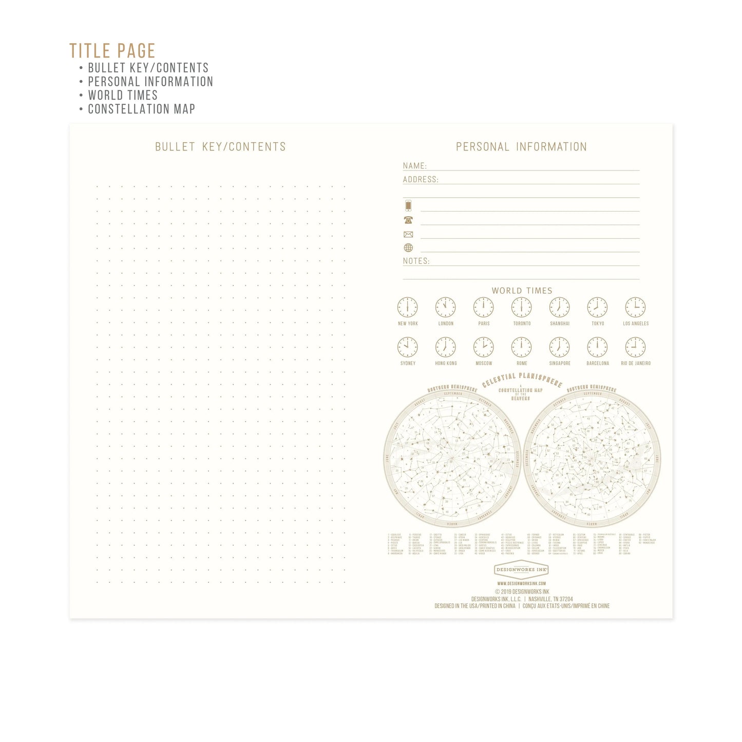 The Cloth Journal - Solar System features an open journal spread with lay-flat binding, bullet key, contents section, personal info form, world time clocks, and constellation maps on crisp acid-free paper.