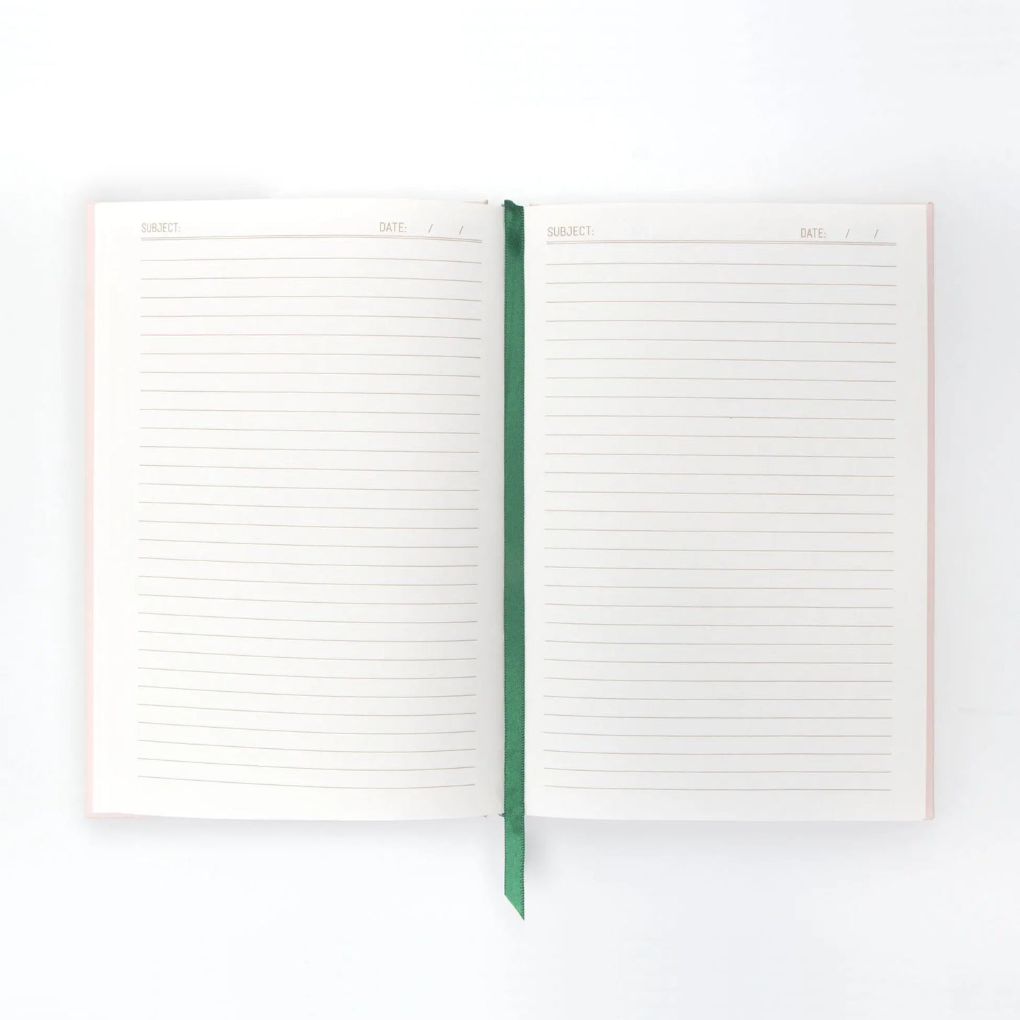 The Vintage Sass Journal - For Fox Sake is a vintage-inspired, open lined notebook with a green ribbon bookmark and blank pages labeled for subject and date—ideal for stylish note-taking or journaling.