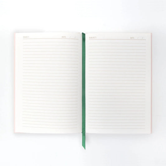 The Vintage Sass Journal - For Fox Sake is a vintage-inspired, open lined notebook with a green ribbon bookmark and blank pages labeled for subject and date—ideal for stylish note-taking or journaling.