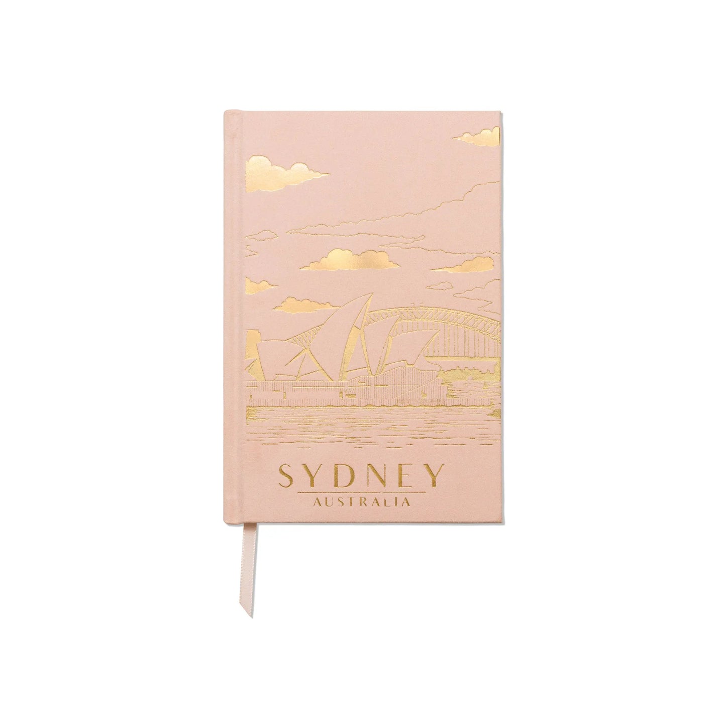 The Anderson Design Journal - Sydney features a light pink sueded cover with gold-embossed Sydney landmarks and SYDNEY AUSTRALIA, inspired by Anderson Design Group’s vintage poster design, shown against a white background.
