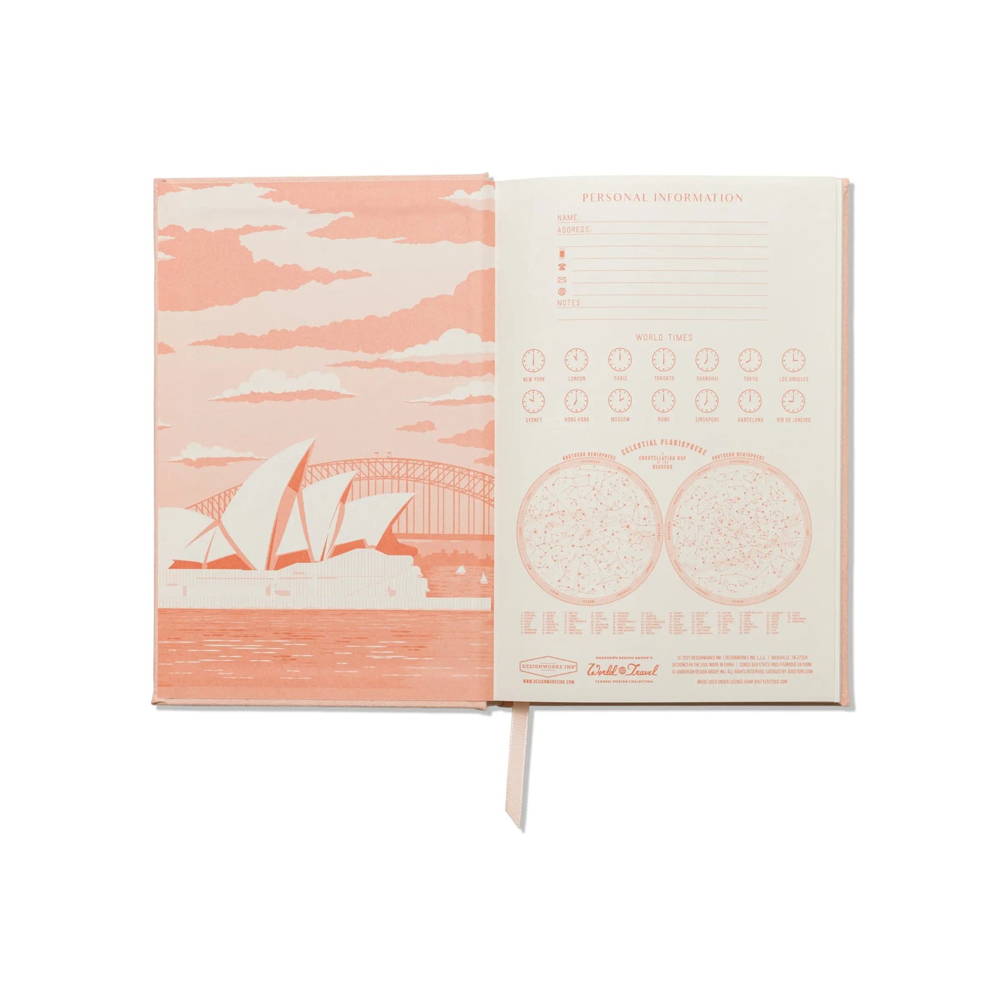 An open Anderson Design Journal - Sydney reveals a vintage poster-style illustration of the Sydney Opera House and Harbour Bridge on the left, with world time zones and celestial footprints shown on the right page.