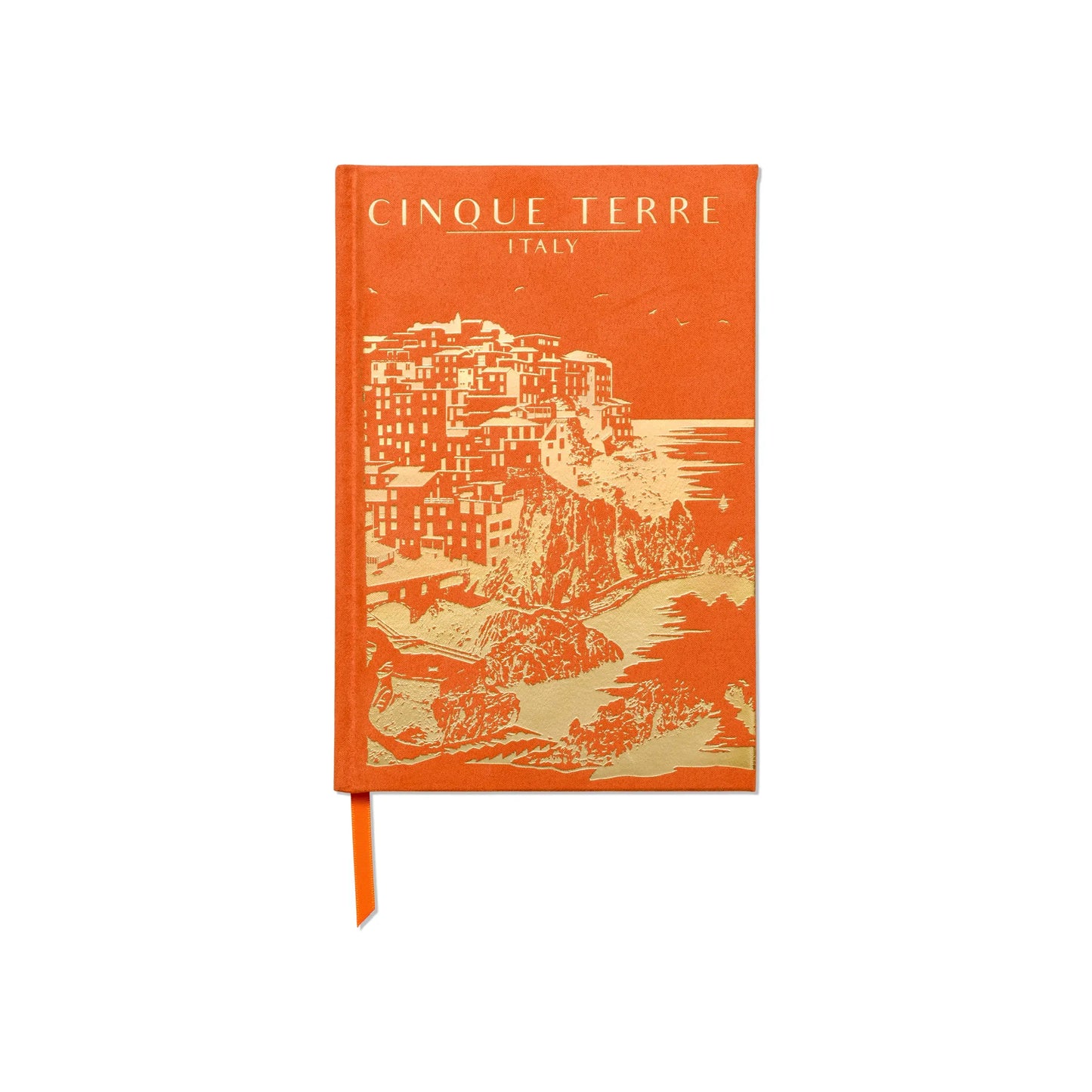 The Anderson Design Journal - Cinque Terre is an orange hardcover sueded paper journal featuring a gold coastal town illustration and “CINQUE TERRE ITALY” text on the front, inspired by vintage Italian Riviera posters. Includes an orange ribbon bookmark.