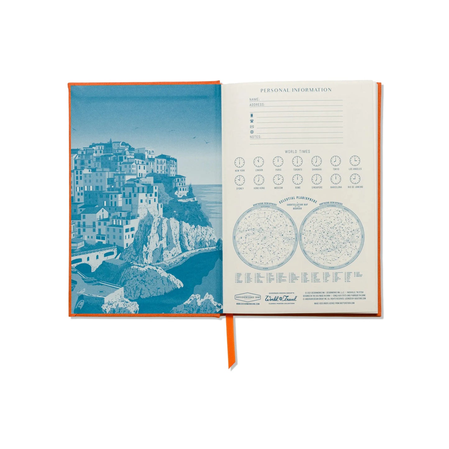 The Anderson Design Journal - Cinque Terre features a blue-toned illustration of an Italian Riviera coastal village on the left page and a personal info form with world time zones on the right.