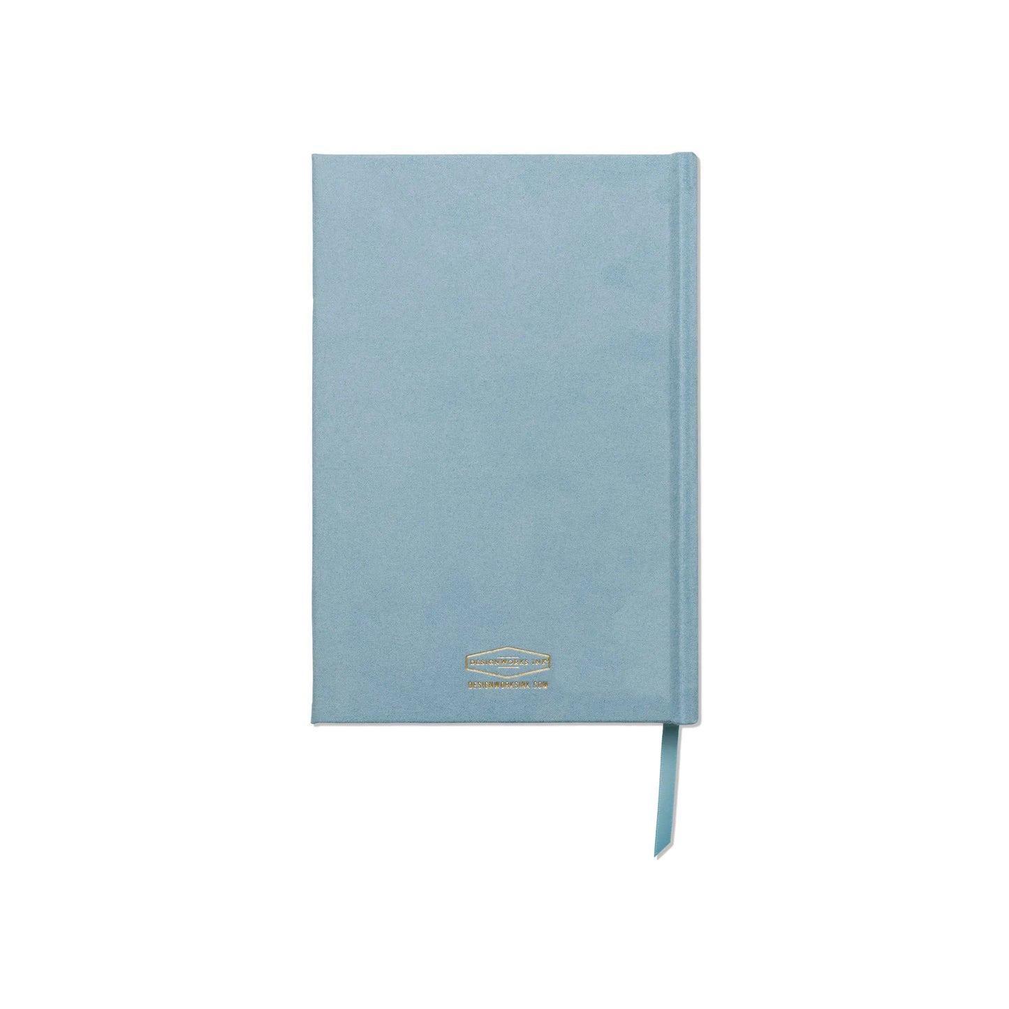 The Anderson Design Journal - Santorini is a closed, light blue sueded paper journal with a ribbon bookmark and gold embossed text on the cover, shown on a white background.