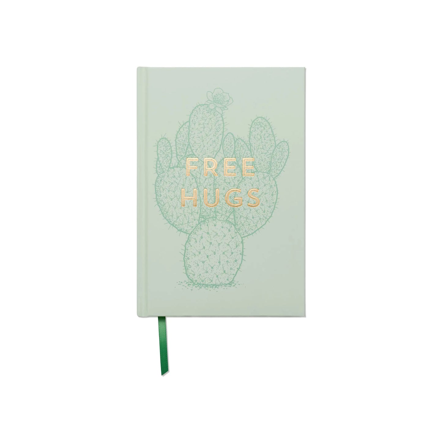 The Vintage Sass Journal - Free Hugs features a light green cover with a cactus illustration and gold “FREE HUGS” text, plus a green ribbon bookmark—perfect for plant lovers.