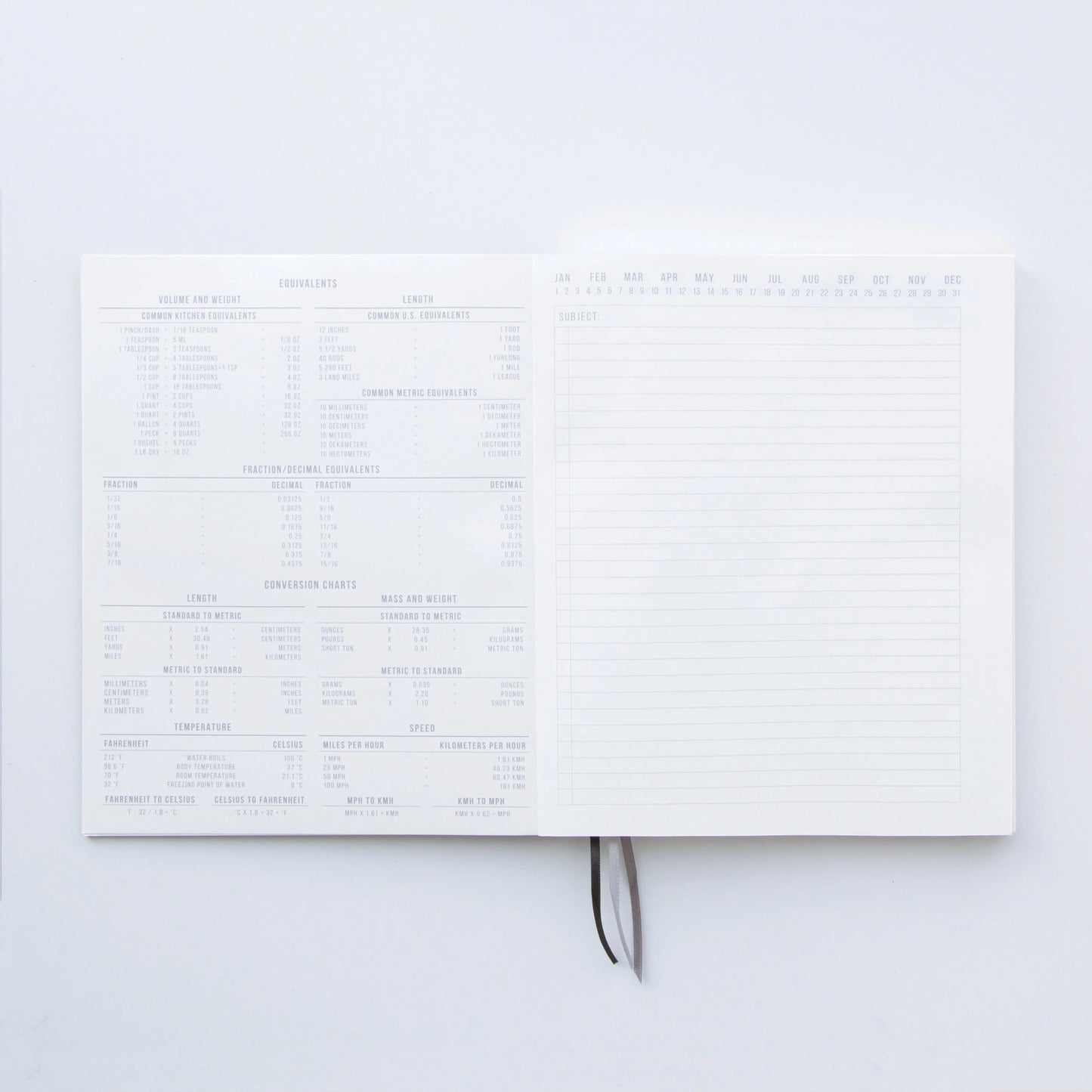 The Standard Issue Notebook No.3 - Green features sturdy construction, measurement conversion charts on the left, and a right-hand lined page labeled Subject and months—ideal for an elevated writing experience.